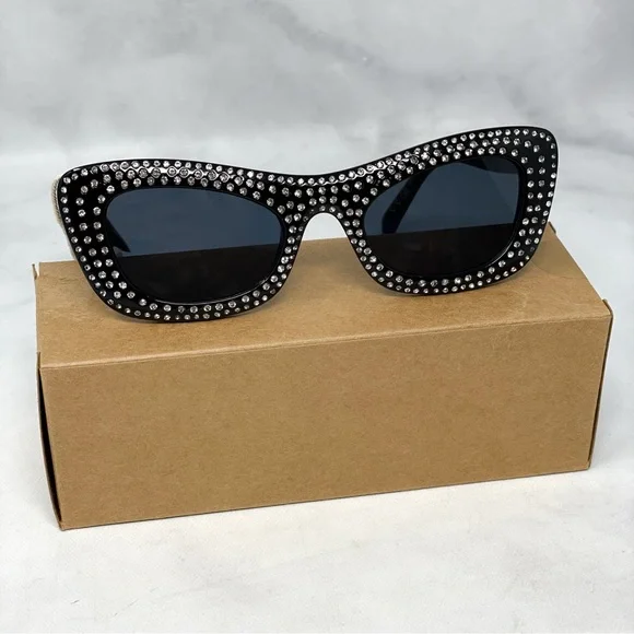 NWT Mango Mng Rhinestone Sunglasses Recycled Materials Black Retro Glam Sexy - Picture 10 of 14